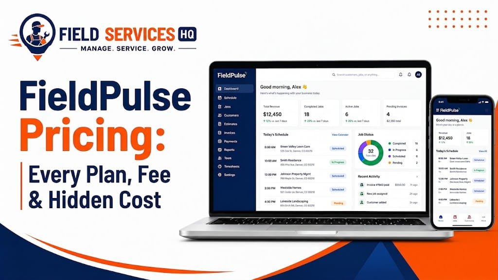 FieldPulse pricing guide cover image showing the FieldPulse dashboard on laptop and mobile screens next to the Field Services HQ logo
