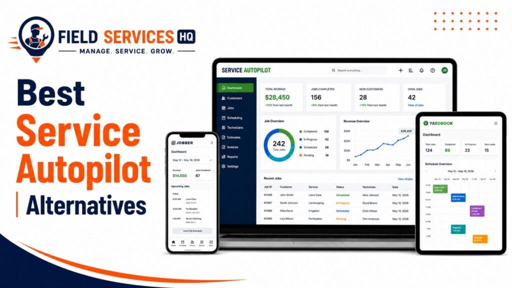 Best Service Autopilot alternatives compared, featuring Jobber, Yardbook, and Service Autopilot dashboards on laptop, phone, and tablet screens