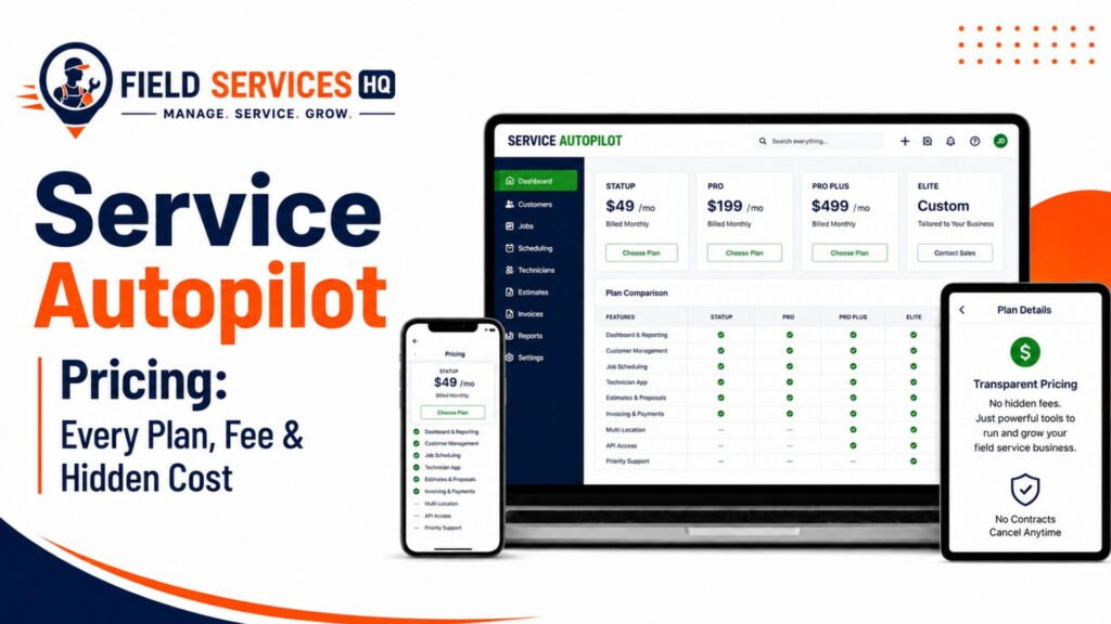 Service Autopilot pricing dashboard mockup showing Startup ($49/mo), Pro ($199/mo), Pro Plus ($499/mo), and Elite (custom) plans with feature comparison table, next to Field Services HQ logo and headline "Service Autopilot Pricing: Every Plan, Fee & Hidden Cost"