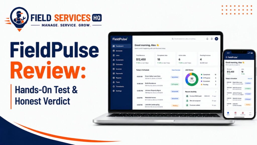 FieldPulse review featured image showing the FieldPulse dashboard on a laptop and the FieldPulse mobile app on a phone, with scheduling, job status, and revenue metrics