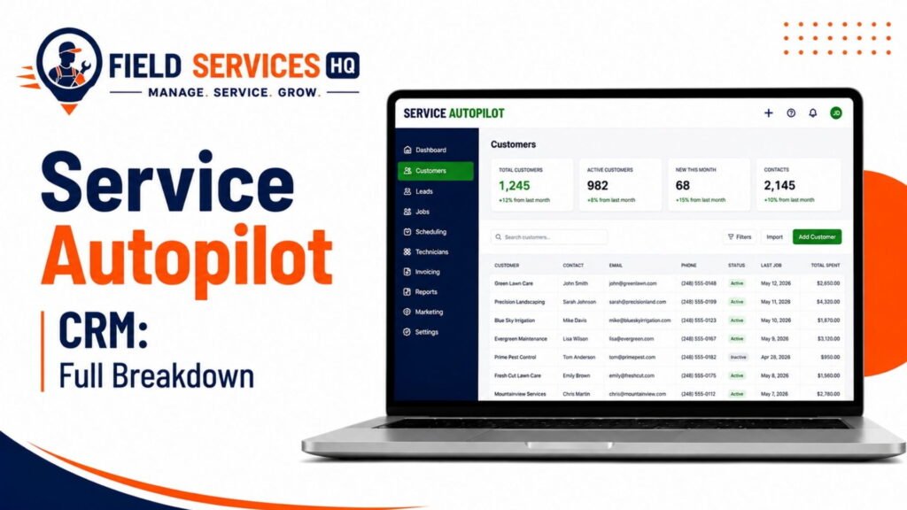 Service Autopilot CRM dashboard showing customer list, contact details, and account status on a laptop screen, Field Services HQ full breakdown review