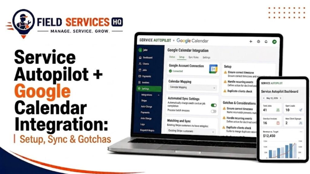 Service Autopilot and Google Calendar integration setup screen showing sync mapping and gotchas checklist for field service businesses