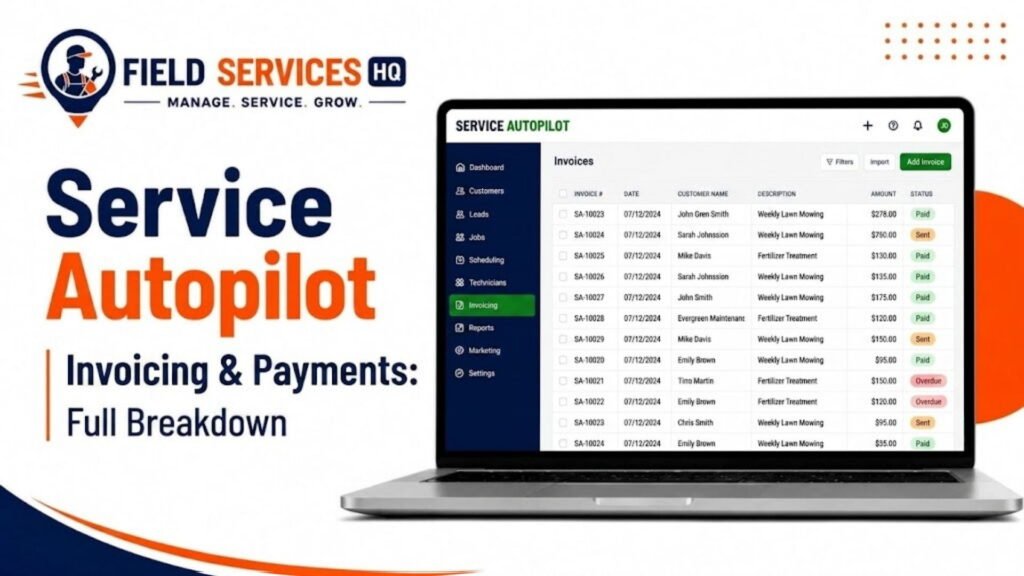 Service Autopilot invoicing dashboard on laptop screen showing invoice list with paid, sent, and overdue statuses for lawn care and fertilizer treatment jobs