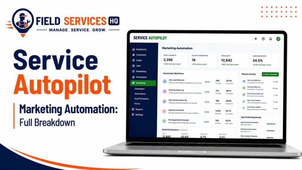 Service Autopilot marketing automation dashboard showing active workflows, email performance, and conversion rates on a laptop screen