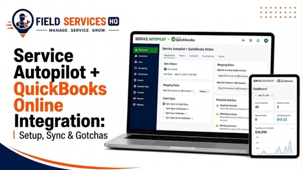 Service Autopilot and QuickBooks Online integration dashboard shown on laptop and tablet screens with Field Services HQ logo