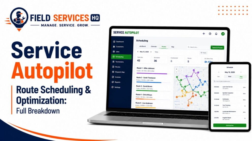 Service Autopilot route scheduling and optimization dashboard showing dispatch map, route list, and mobile schedule view