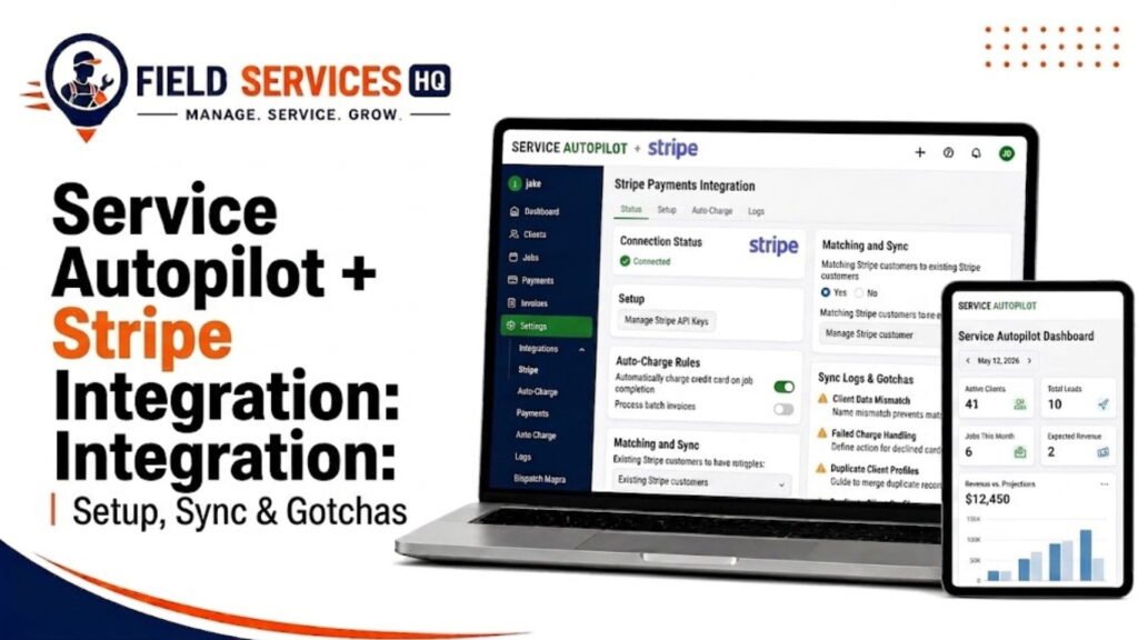 Service Autopilot and Stripe integration illustration showing a conceptual dashboard with connection status, auto-charge rules, and sync settings