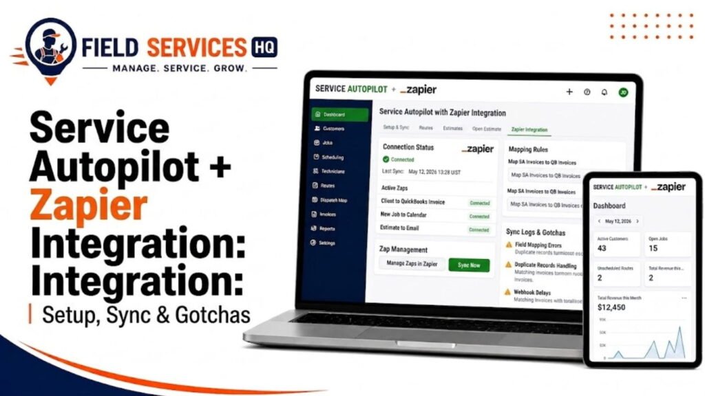 Service Autopilot and Zapier integration dashboard showing connection status, active zaps, and sync logs on laptop and tablet screens