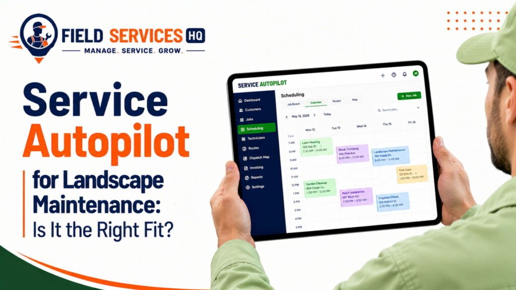 Service Autopilot landscape maintenance scheduling calendar shown on tablet, Field Services HQ