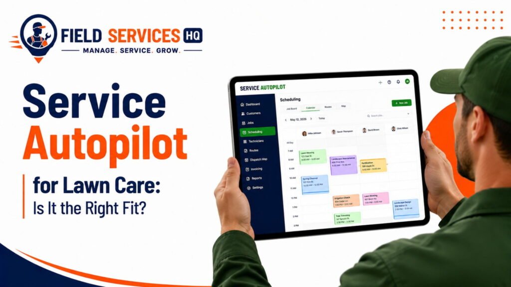 Field Services HQ featured image showing a lawn care technician viewing the Service Autopilot scheduling calendar on a tablet, with the title "Service Autopilot for Lawn Care: Is It the Right Fit?"