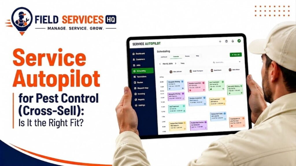Service Autopilot pest control scheduling dashboard shown on tablet, featured image for Field Services HQ article "Service Autopilot for Pest Control (Cross-Sell): Is It the Right Fit?"